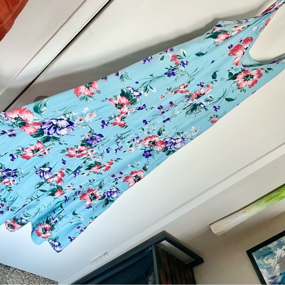 blue floral spring summer dress slit tiered ruffles
